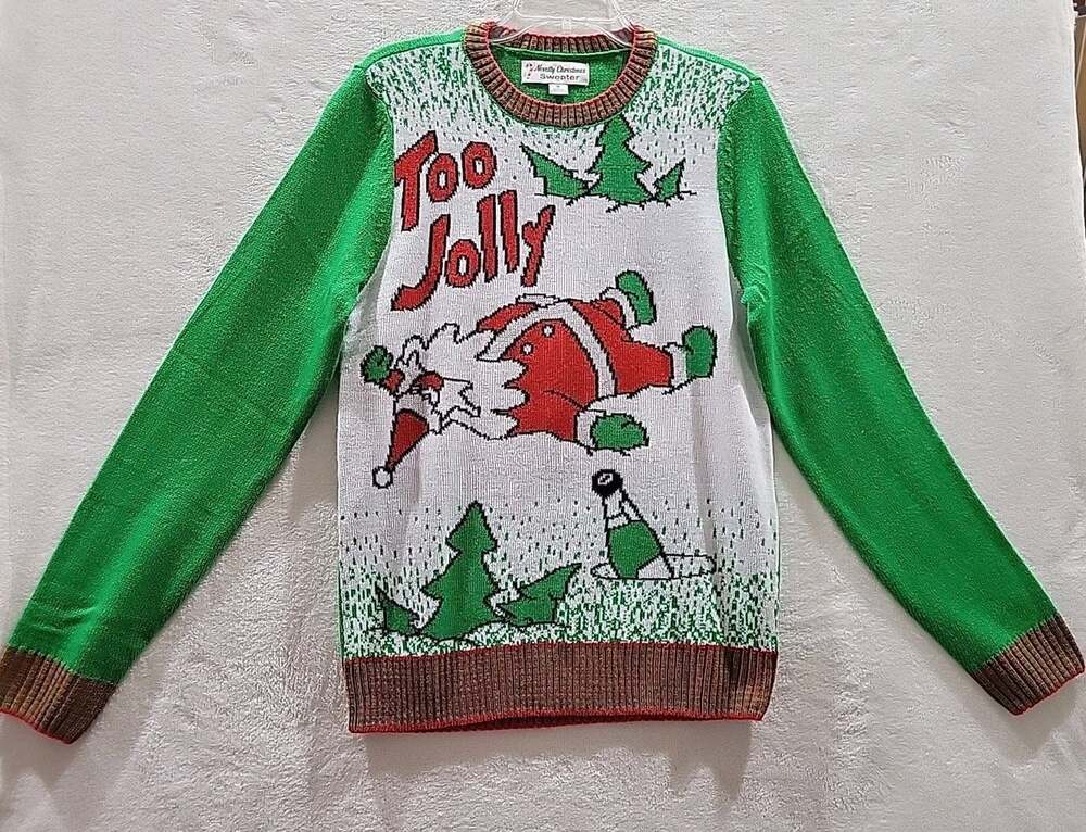 Too Jolly Funny Ugly Christmas Sweater Santa Passed Out Party Men's Small New